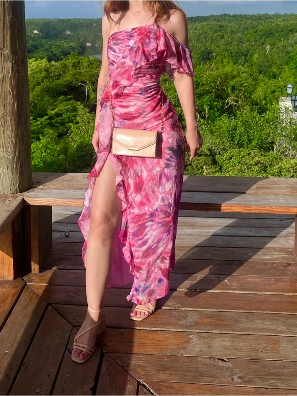 Zara Pink Floral One-Shoulder Midi Dress